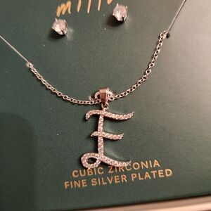 Milla Trendy Rhinestone Silver Initial E Necklace Cubic Zirconia Earring Set